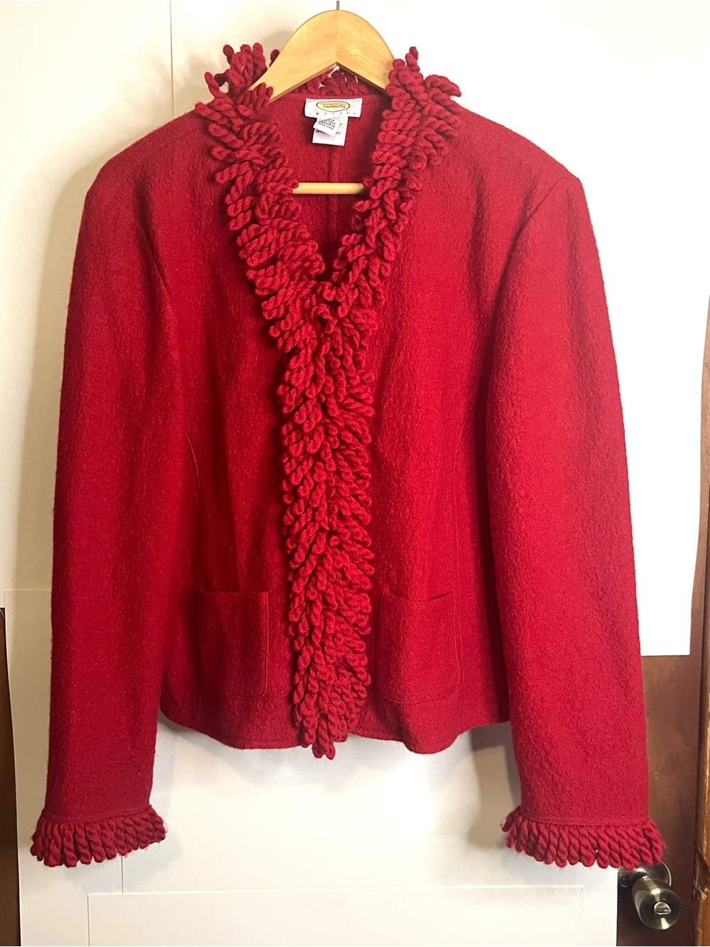 Talbots Petites (VTG L, Fits M) Red Fringe-Trim Wool Jacket 90s